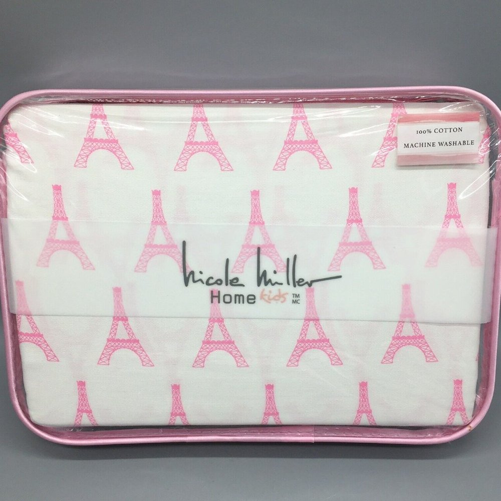 4pc Nicole Miller Paris Eiffel Tower FULL Sheet Set Hot Pink White Kids NEW
